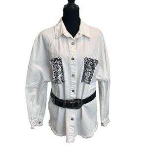 Malibu & Co White Button Down Denim Shirt with Silver Sequins Pockets. Size M